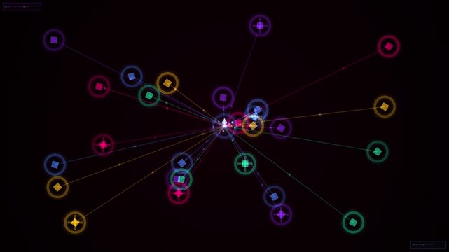 An abstract digital network illustration with glowing nodes and colorful lines as a looping background