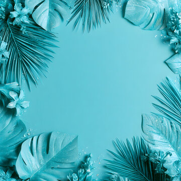 Aqua tropical border frame, minimalist palm leaves, monstera leaves, small tropical flowers and subtle water droplets around the edges, vibrant aqua.