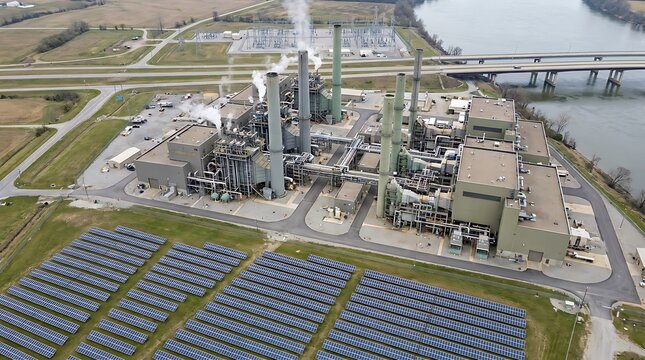 Aerial view of a large industrial power plant complex with smoking chimneys and adjacent solar farm panels