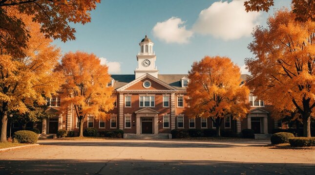 Classic redbrick university building with white clock tower stands behind bright autumn trees. Golden maple leaves cover campus landscape under blue sky with white clouds. Historic academic college