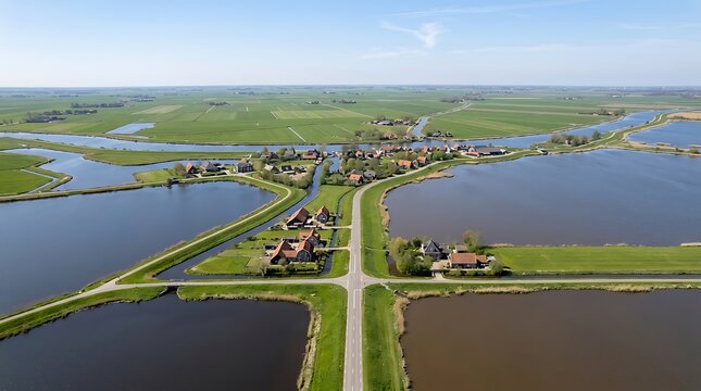 Stunning aerial view of rural landscape in Netherlands with green fields, water canals, and traditional Dutch village.
