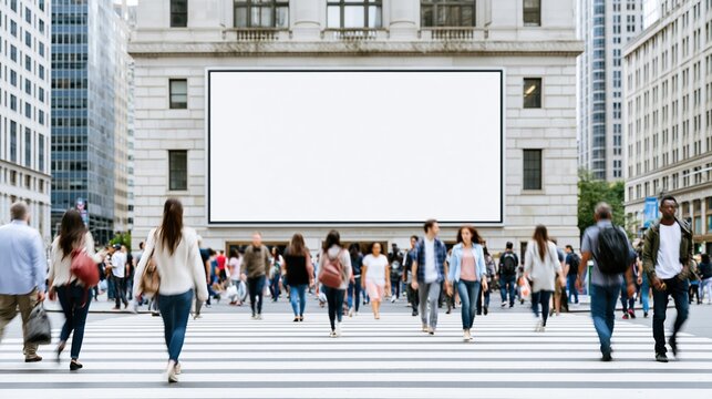Crowd crossing street before blank billboard in city