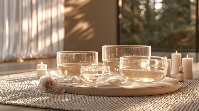  Crystal Singing Bowls on Cushion in Healing Room Interior