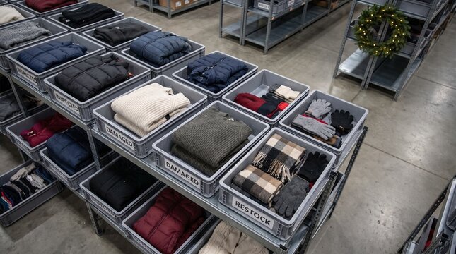 Sorted winter clothing in plastic boxes on warehouse shelves with inspected and damaged labels. Folded jackets, sweaters, gloves and scarves organized in fulfillment center.