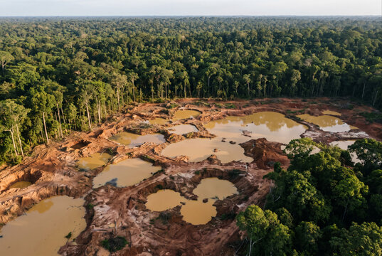 Vista a&eacute;rea de po&ccedil;as de garimpo ilegal em &aacute;rea de minera&ccedil;&atilde;o no Brasil