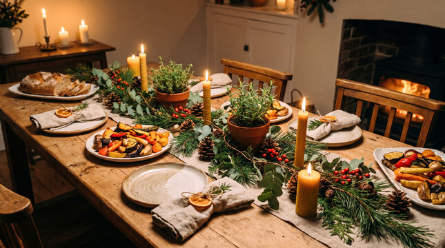 Rustic dining table decorated with candles, pine branches, pinecones and roasted vegetables for Christmas dinner. Cozy fireplace glows in warm home interior.