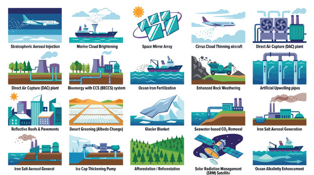Environmental Science Climate Change Solutions: Geoengineering  Mitigation Techniques Flat Vector Illustration Set