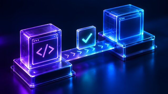 Conceptual 3D visualization of automated software delivery pipeline, CI/CD process, code compilation and successful deployment with neon glass aesthetic
