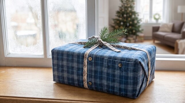 Christmas gift wrapped in blue plaid fabric with pine branch on wooden windowsill. Cozy home interior with blurred tree and snowy window in background.
