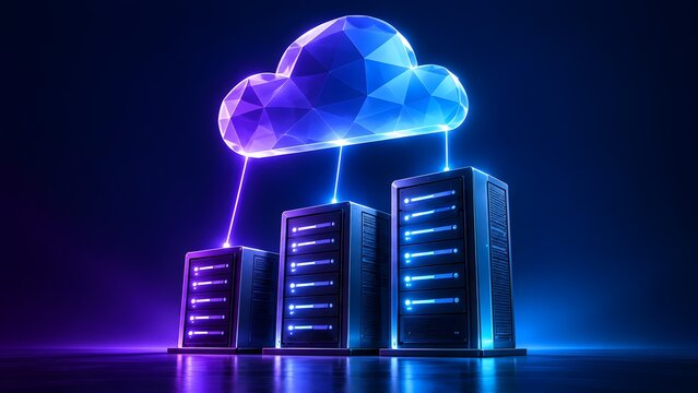Futuristic 3D rendering of cloud computing technology, glowing polygonal cloud connected to server racks in a dark data center environment