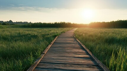 Fototapeta premium Wooden boardwalk path winding through tall grass toward