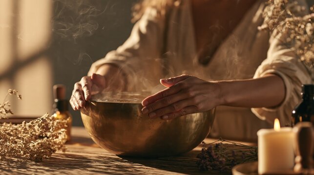 Hands Resting on Singing Bowl with Rippling Water Surface Close-up