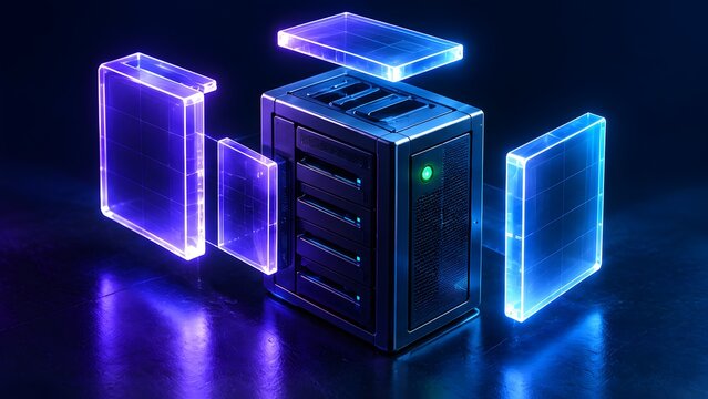 Advanced data storage and cloud server architecture concept, 3D rendered computer rack with glowing glass holographic panels representing digital information