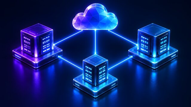 Cloud computing and decentralized server network visualization, glowing polygonal cloud connected to multiple data server racks in a futuristic dark environment