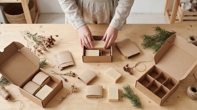 Woman packing handmade soap bars into cardboard gift boxes on wooden table. Natural eco packaging with dried flowers and twine in craft workshop.
