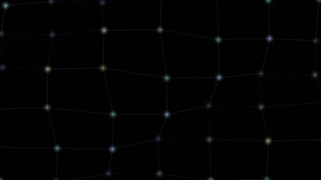Glowing network nodes arranged on a black background form a looping animation overlay.