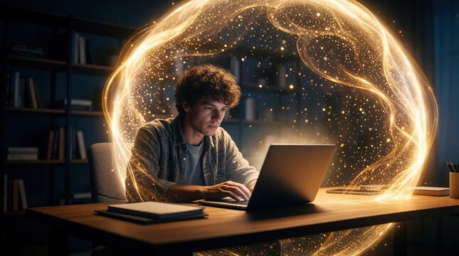Young man intensely focused on laptop, surrounded by glowing orb of light representing deep work. He is in his home office, coding or writing, reaching peak productivity and creativity.