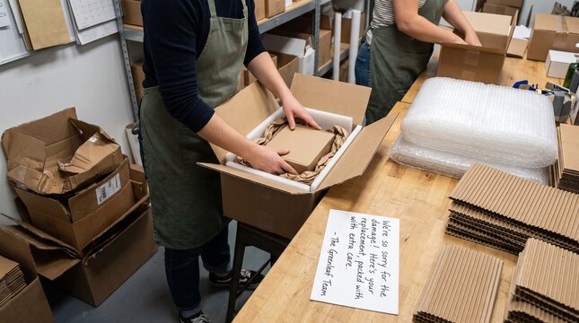 Woman packing product into cardboard box in small business workshop. Worker carefully wraps order with paper and bubble wrap at wooden table.