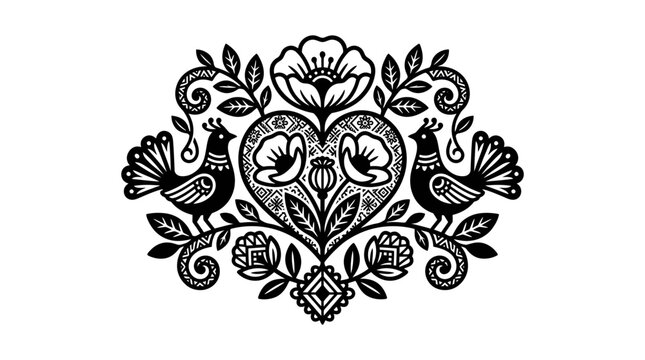Folk art heart with birds and flowers.