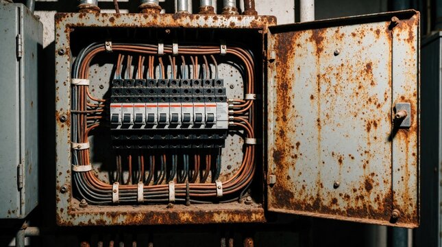 Rusty electrical panel with exposed wires and circuit breakers offers glimpse inside old power box. This industrial fuse box shows signs of age and wear, needing repair.