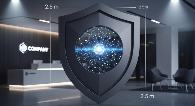 Cutting-edge digital shield with a glowing core safeguarding sensitive information within a sleek corporate lobby, representing robust cybersecurity architecture and data integrity solutions