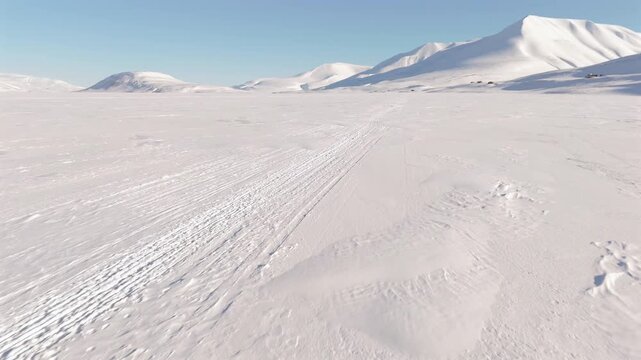 A drone rushes over a dog sled team crossing a sunlit Svalbard snowfield, huskies running in formation beneath clear Arctic skies, capturing the speed and energy of polar mushing