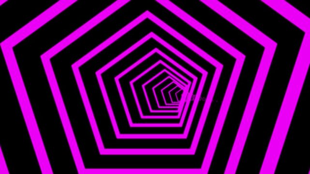 Neon pink pentagon tunnel animation creating a hypnotic visual motion effect for modern digital backgrounds in this seamless loop video clip of abstract geometric graphic art