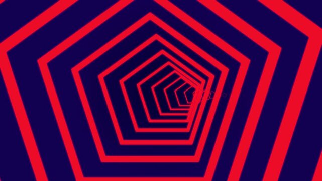 Glowing red neon pentagon shapes tunnel toward a distant light source in this immersive digital motion footage featuring a hypnotic infinite loop animation style design effect.