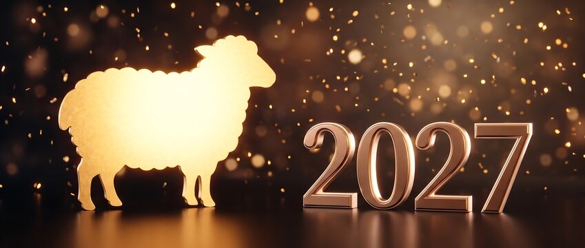 光り輝く羊と2027の文字が並ぶ謹賀新年ビジュアル