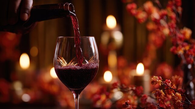 Red Wine Pouring into Glass with Full Moon and Candles Backlight