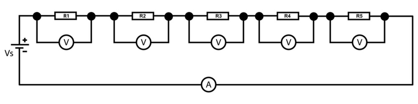 Electrical Series Circuit Schematic With Voltmeter and Ammeter Showing Five Resistors and Voltage Source