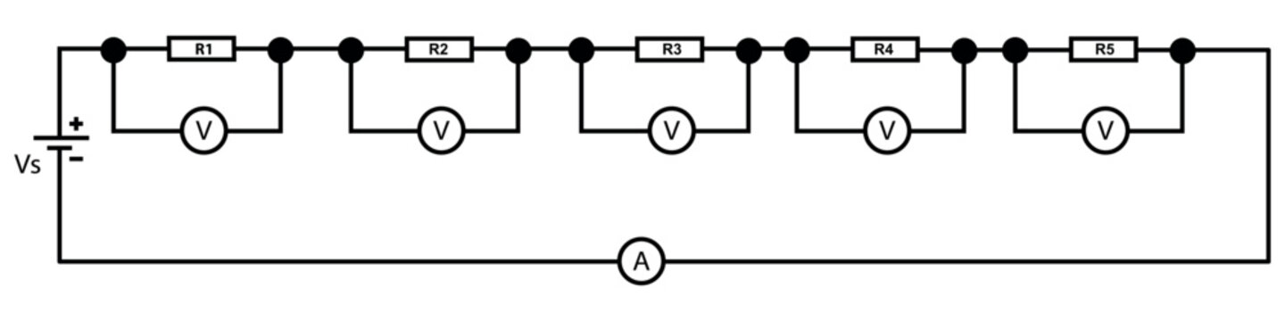 Electrical Series Circuit Schematic With Voltmeter and Ammeter Showing Five Resistors and Voltage Source