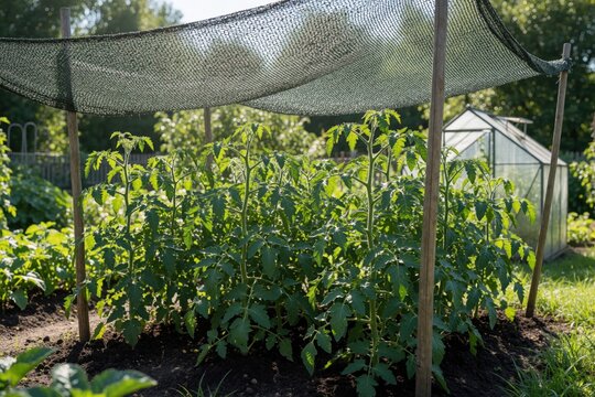 Tomato plants grow healthy under protective shade net in summer garden. Greenhouse in background. Organic farming practice for sun protection.
