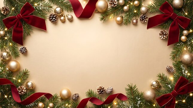 Decorative christmas frame with fir branches red velvet bows and golden baubles on soft neutral surface