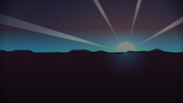 Starry night sky with a glowing horizon and radiating beams creating a seamless looping background overlay effect