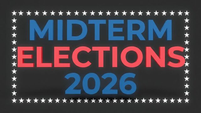 Glowing Midterm Elections 2026 text title with glowing stars border animating on dark background for American political broadcast news.