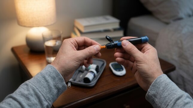 Man preparing to check blood sugar level with glucose meter and lancet pen on bedside table, night time