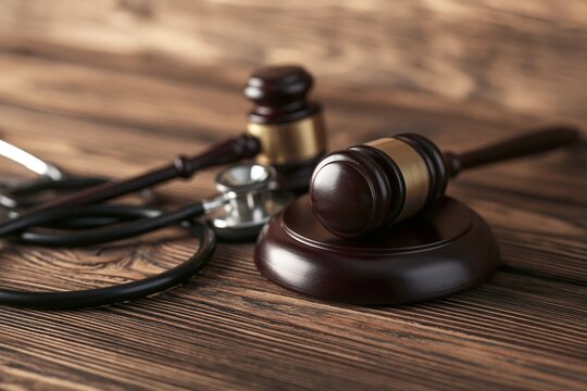 Medical malpractice concept with gavel and stethoscope on