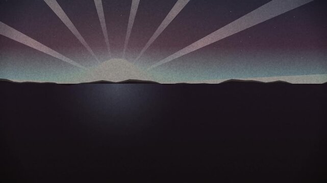 A serene sunrise over a calm horizon with radiating light beams for use as a looping background overlay