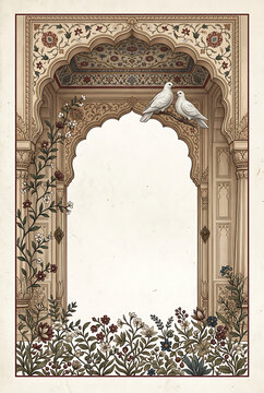 ornate traditional archway with intricate carvings and floral motifs featuring gentle white doves perched above an elegant