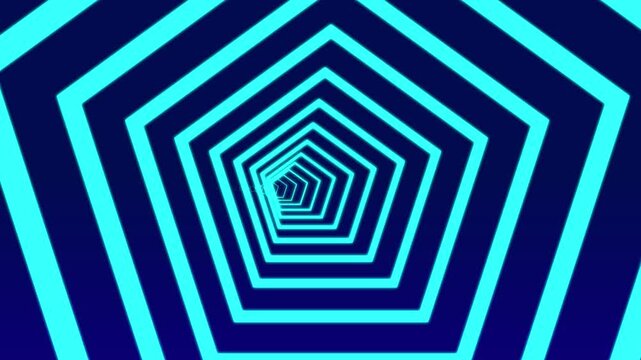 Glowing cyan pentagon shapes moving rapidly through a dark blue 3D tunnel creating an endless digital motion footage effect for modern artistic background project video visual.