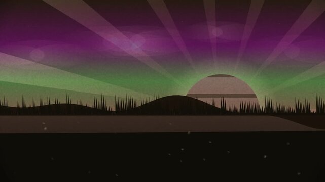 Stylized animated background loop featuring a sun setting over silhouetted hills with radiant color gradient rays