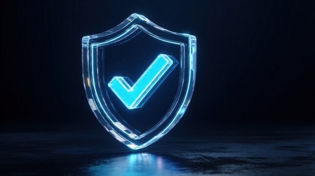 Glowing blue hologram shield icon with check mark symbol floats in dark cyberspace. Digital security authentication concept for data privacy, cyber protection, encryption. Futuristic tech visual