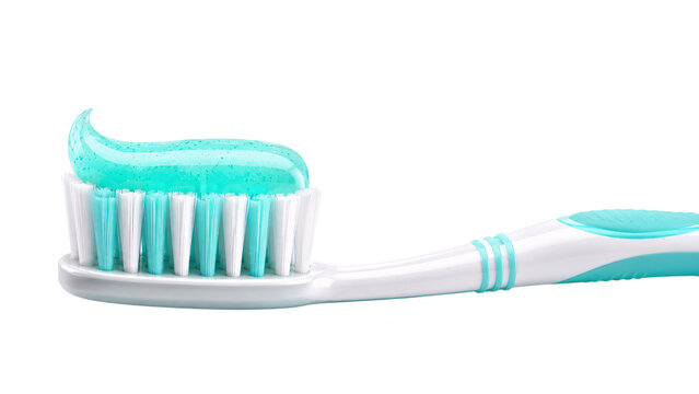 Blue and white toothbrush with aqua mint toothpaste swirl on white solated on transparent background