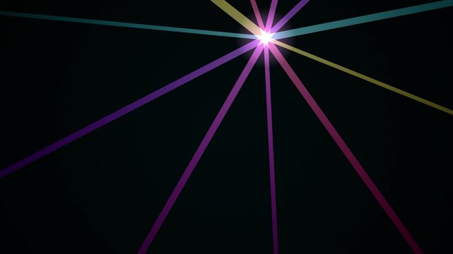 Radiant multicolored laser beams converge into a bright focal point within a seamless looping background overlay