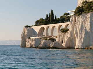 Obraz premium Modern luxury hotel building nestled into coastal cliff