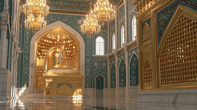 Luxurious mosque interior with golden dome and blue
