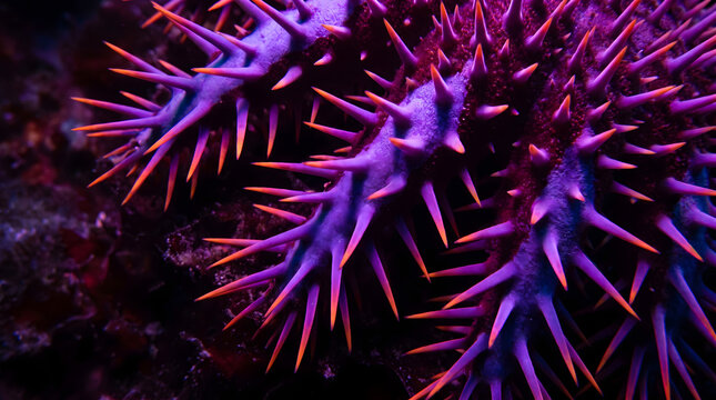 Macro photograph of bright purple crown of thorns sea star spines
