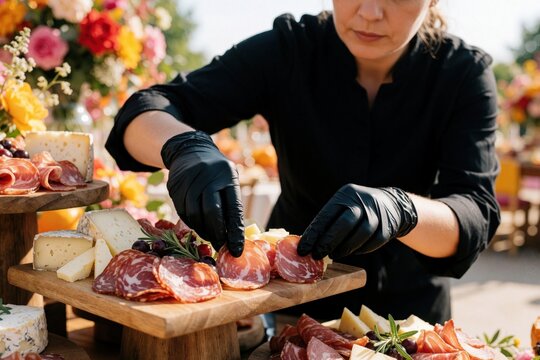 Pro caterer in black gloves arranges charcuterie board with artisan cheese, cured meat. Female chef prepares gourmet food platter for elegant party wedding banquet. Delicious snack display with