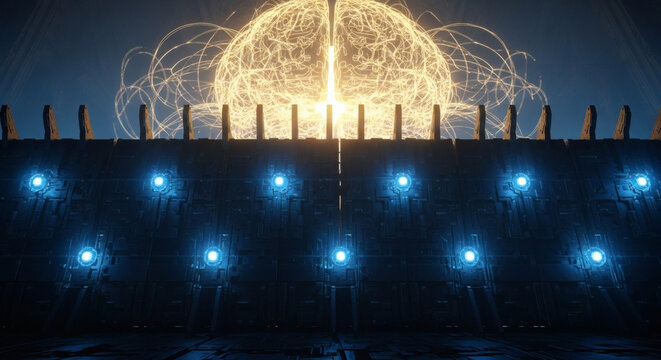 Glowing artificial intelligence neural brain rising behind massive futuristic cyber security firewall
